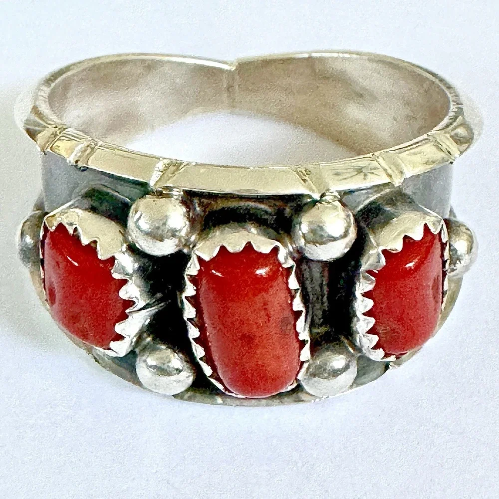 Red Coral Wedding Band Ring Sz 11 Navajo 13mm Native American Dark Sterling Mens